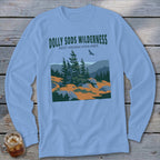 Light blue long-sleeve t-shirt with a graphic of Dolly Sods Wilderness trees and mountains.