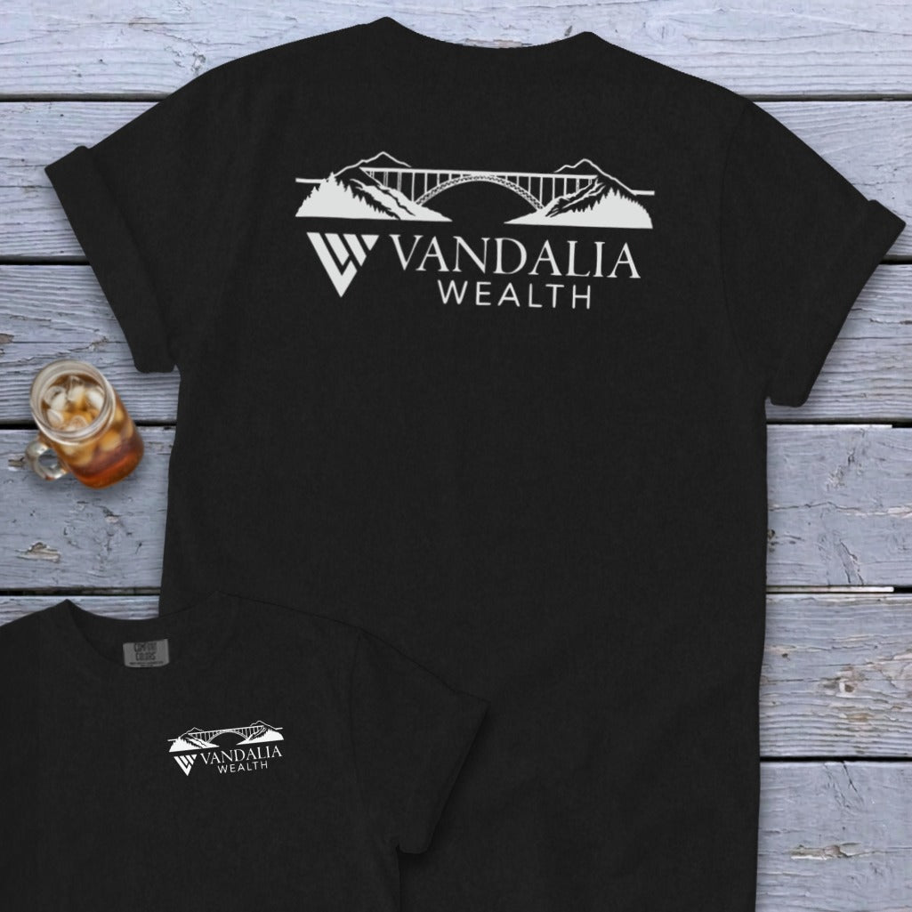 Black t-shirt with white Vandalia Wealth logo featuring a bridge and mountains.