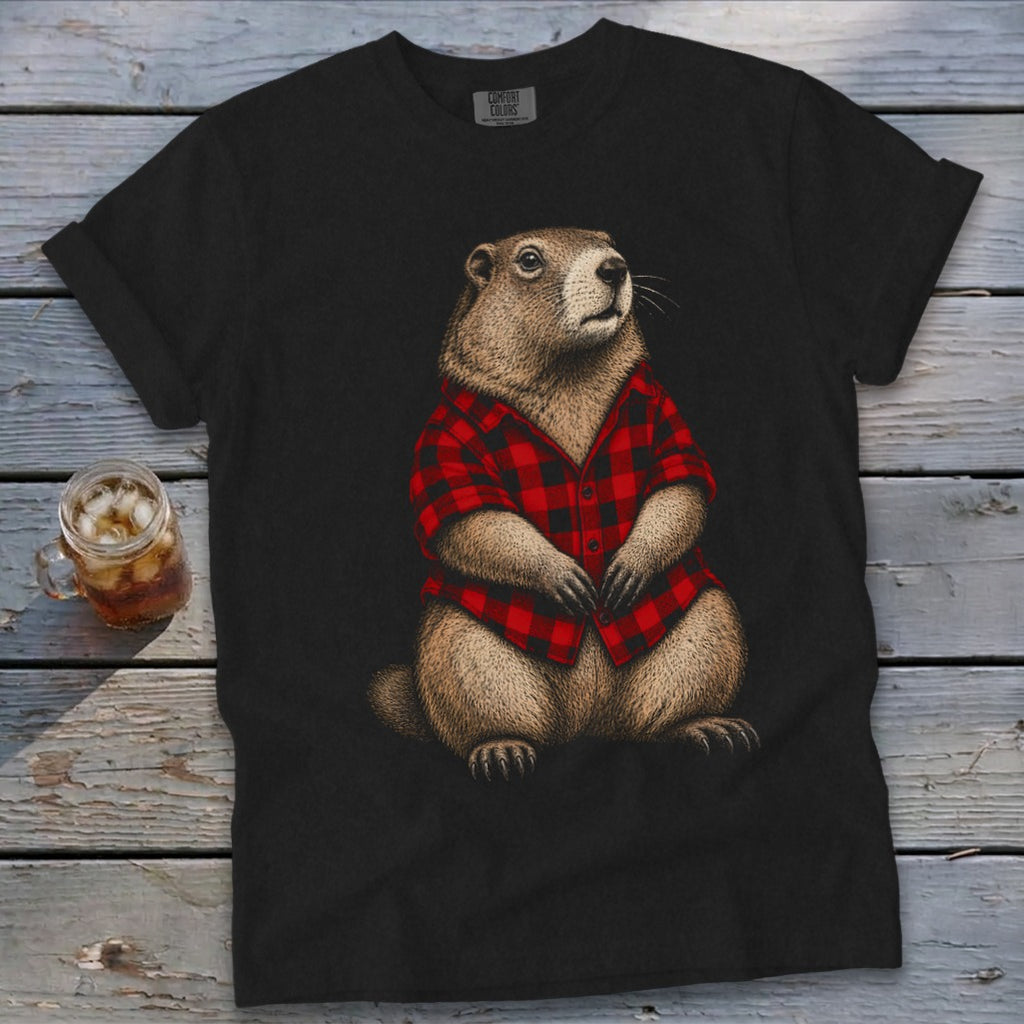 Groundhog wearing a red and black plaid shirt, with Comfort Colors tag.