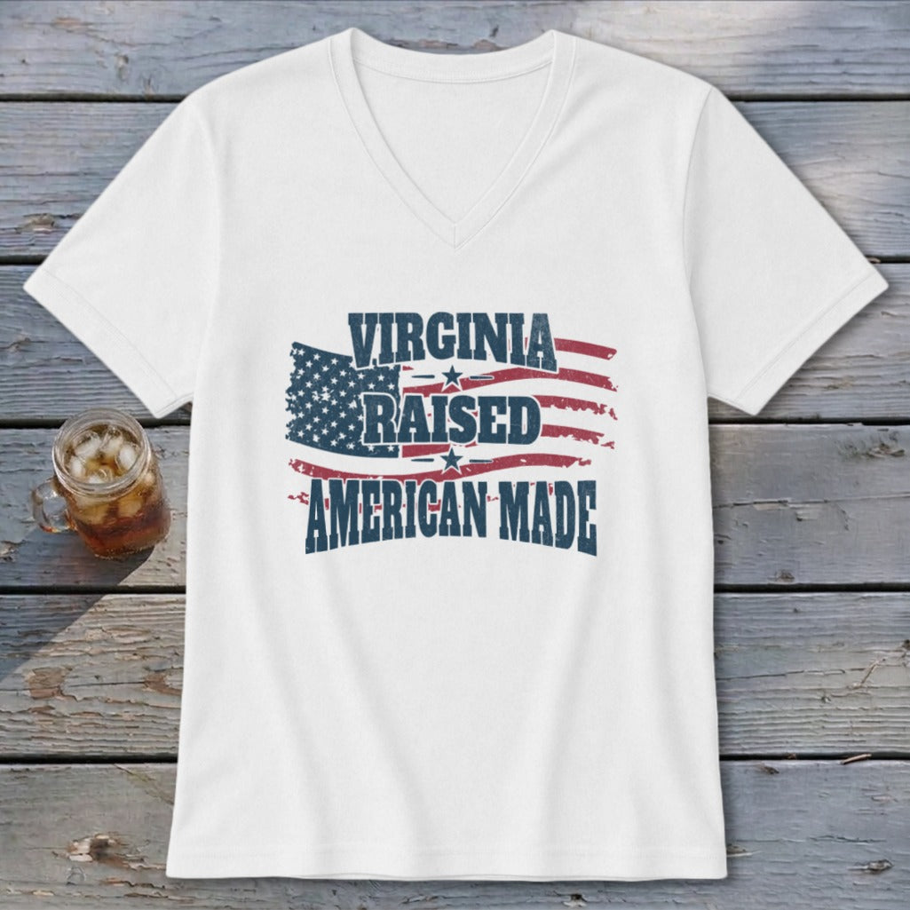 White v-neck t-shirt with "Virginia Raised American Made" in distressed flag design.