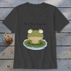 A dark gray v-neck t-shirt featuring a cartoon frog on a lily pad with the text finer than frog's hair.