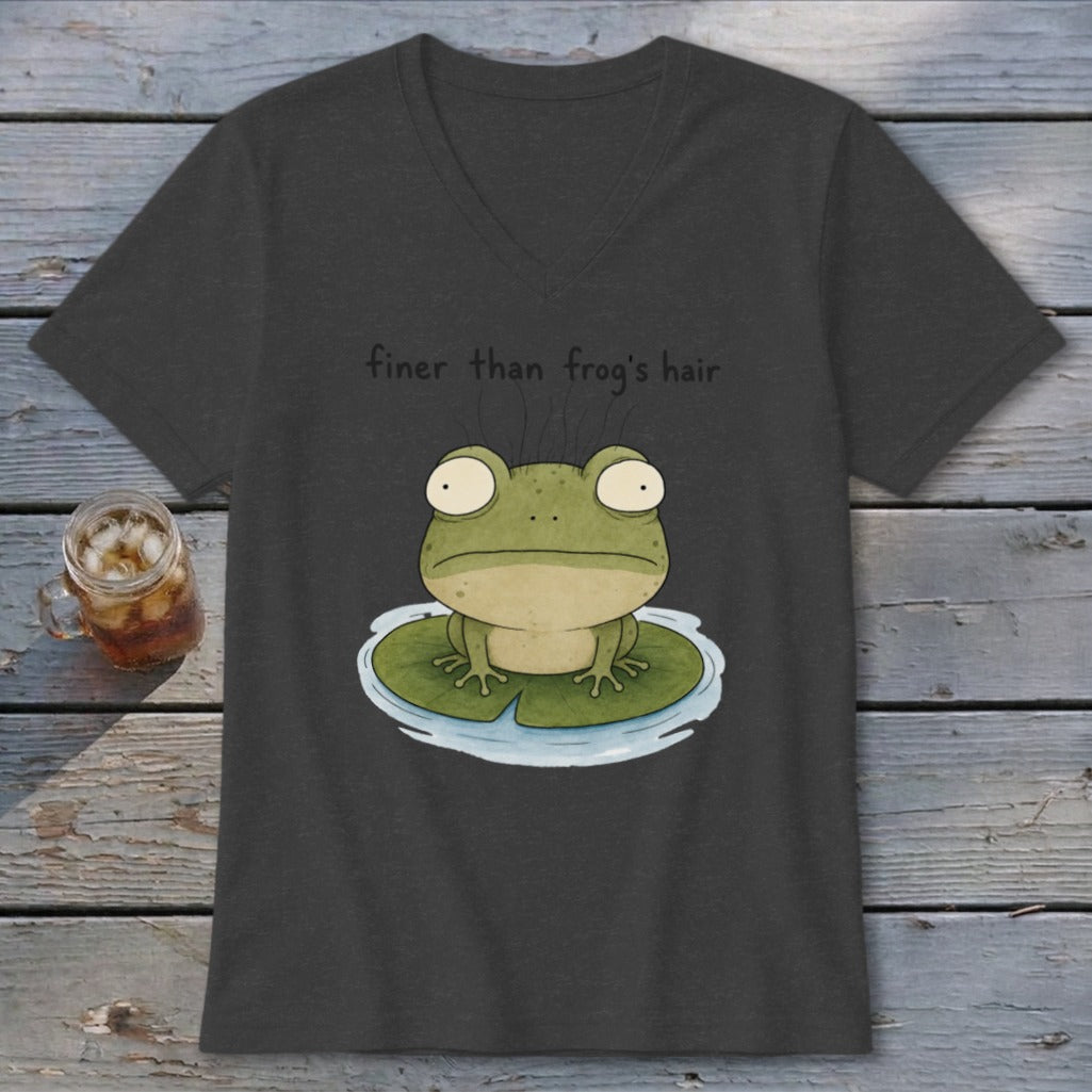 A dark gray v-neck t-shirt featuring a cartoon frog on a lily pad with the text finer than frog's hair.