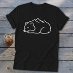 Black t-shirt with a white outline graphic of a sleeping bear with mountains on its back.