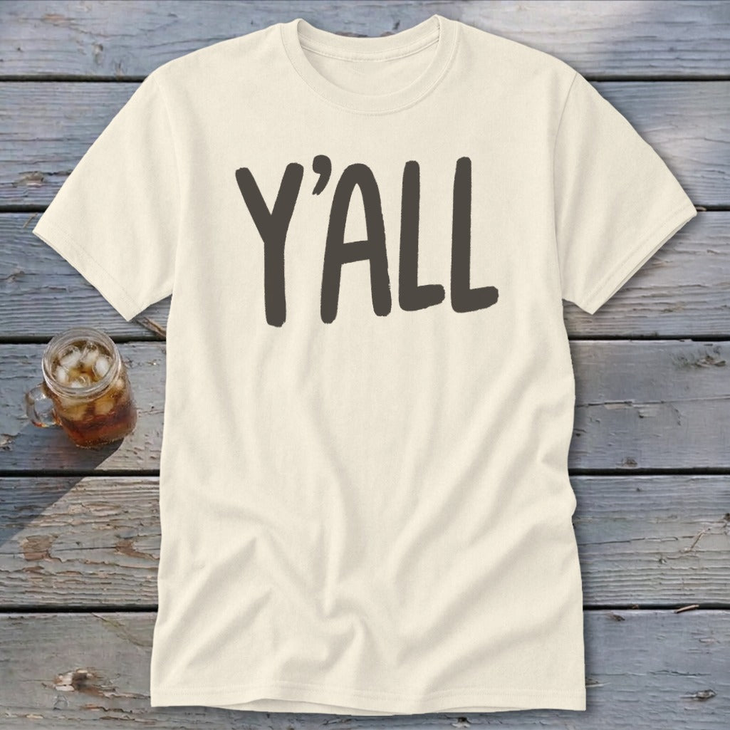 Cream t-shirt with large dark gray "Y'ALL" text.