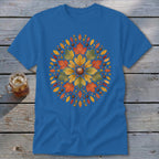 Blue t-shirt with a circular autumn leaf and acorn design.