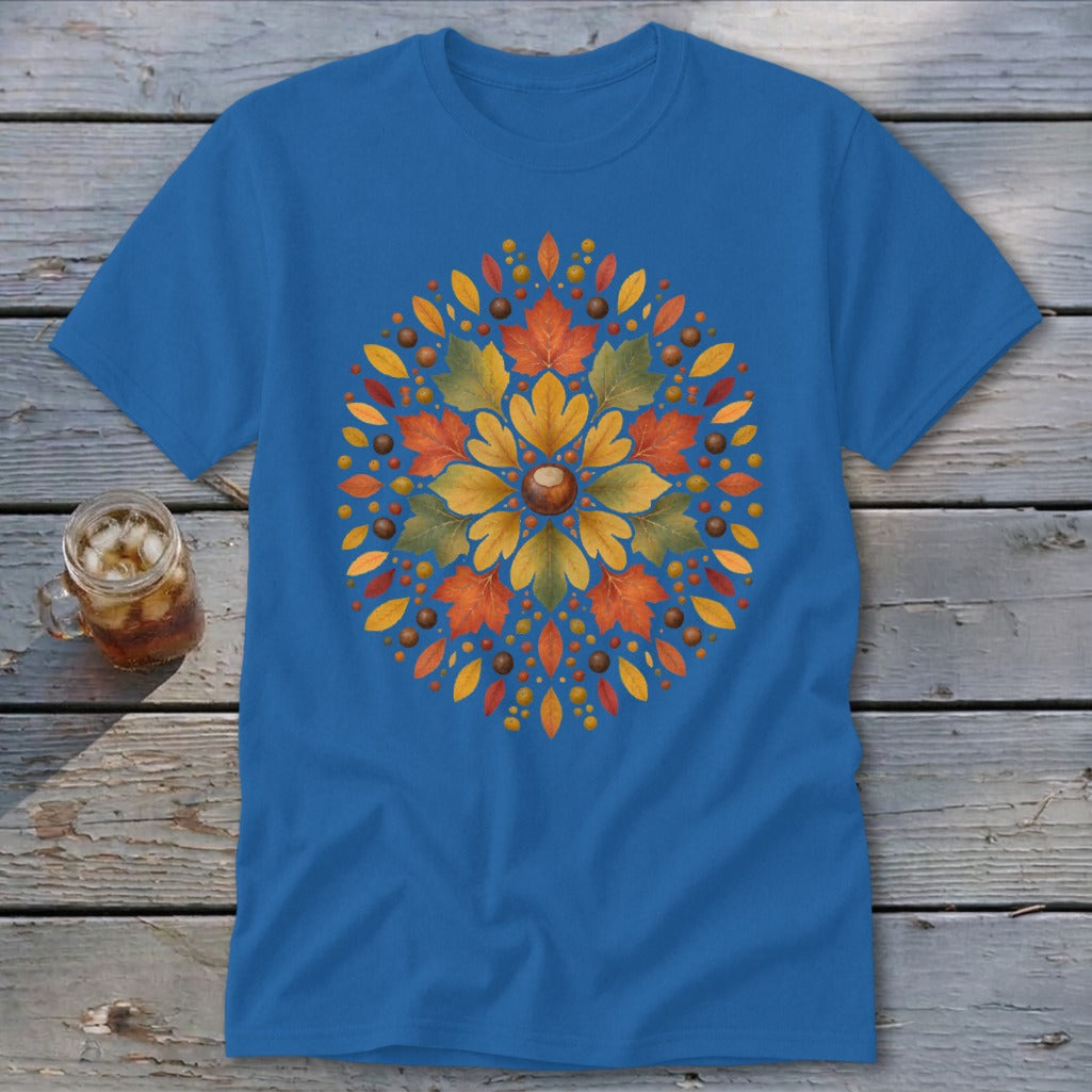 Blue t-shirt with a circular autumn leaf and acorn design.