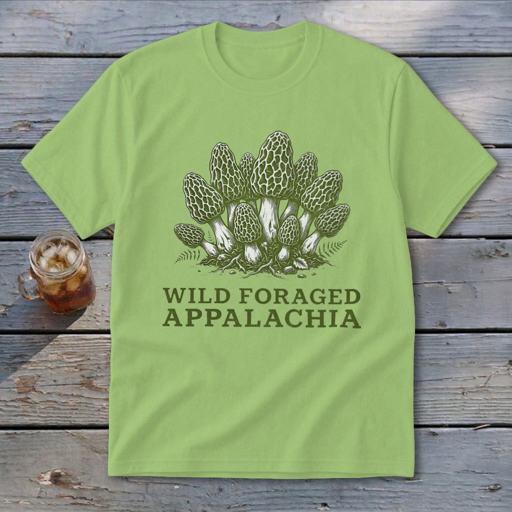 Light green t-shirt with morel mushrooms and "Wild Foraged Appalachia" text.