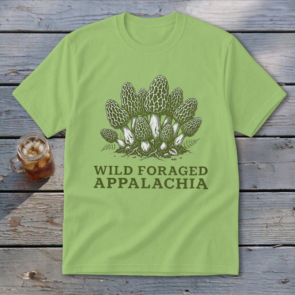 Light green t-shirt with morel mushrooms and "Wild Foraged Appalachia" text.