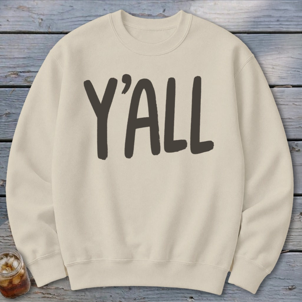 Cream crewneck sweatshirt with "Y'ALL" printed in dark grey.