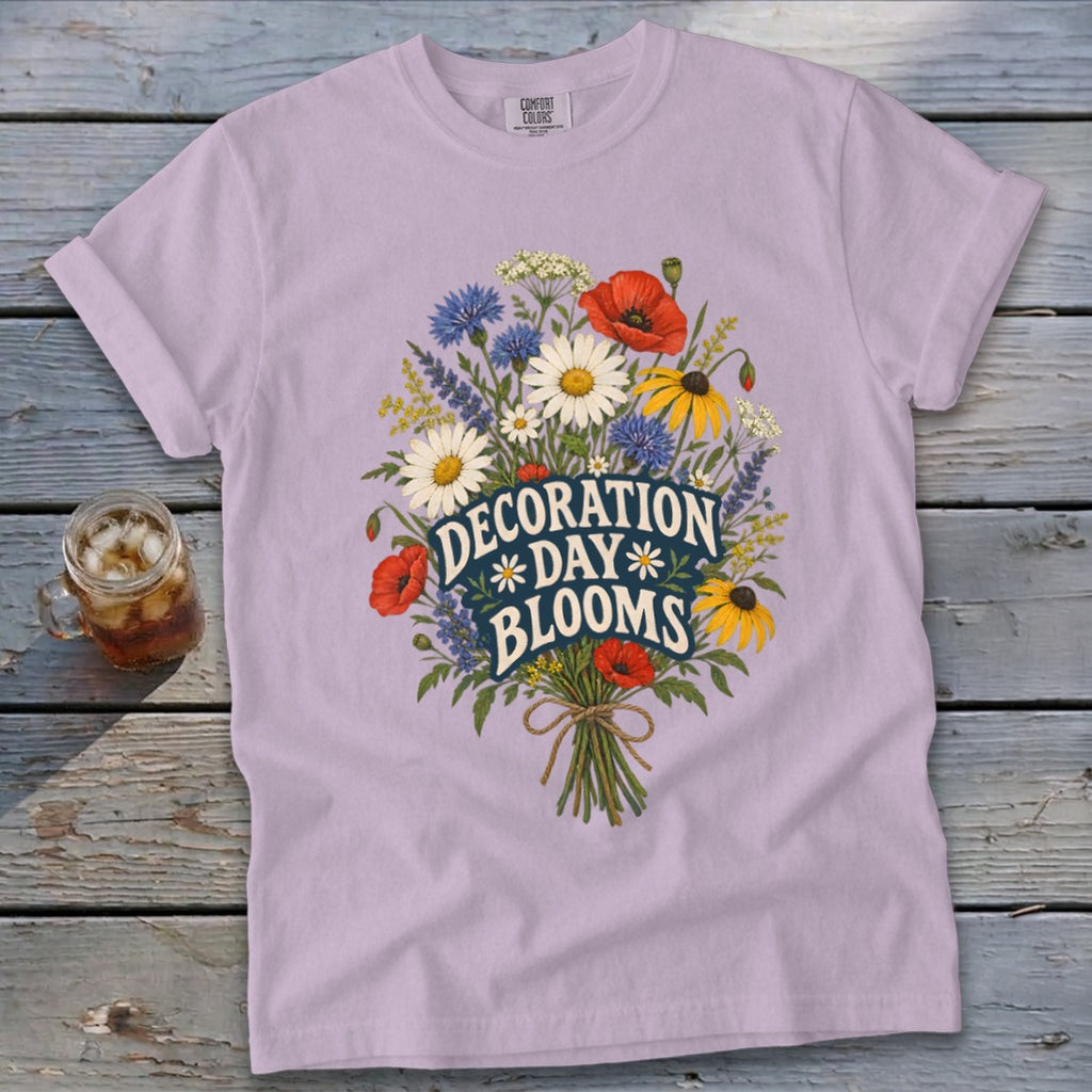 Lilac t-shirt with "Decoration Day Blooms" floral bouquet graphic.