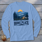 Light blue long sleeve shirt with a mountain scene and "The Home Place" text.