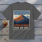 Charcoal gray t-shirt featuring a retro mountain graphic with the text Appalachian Born and Bred.