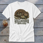 White t-shirt with a hellbender illustration and "Hellbender Holler" text.