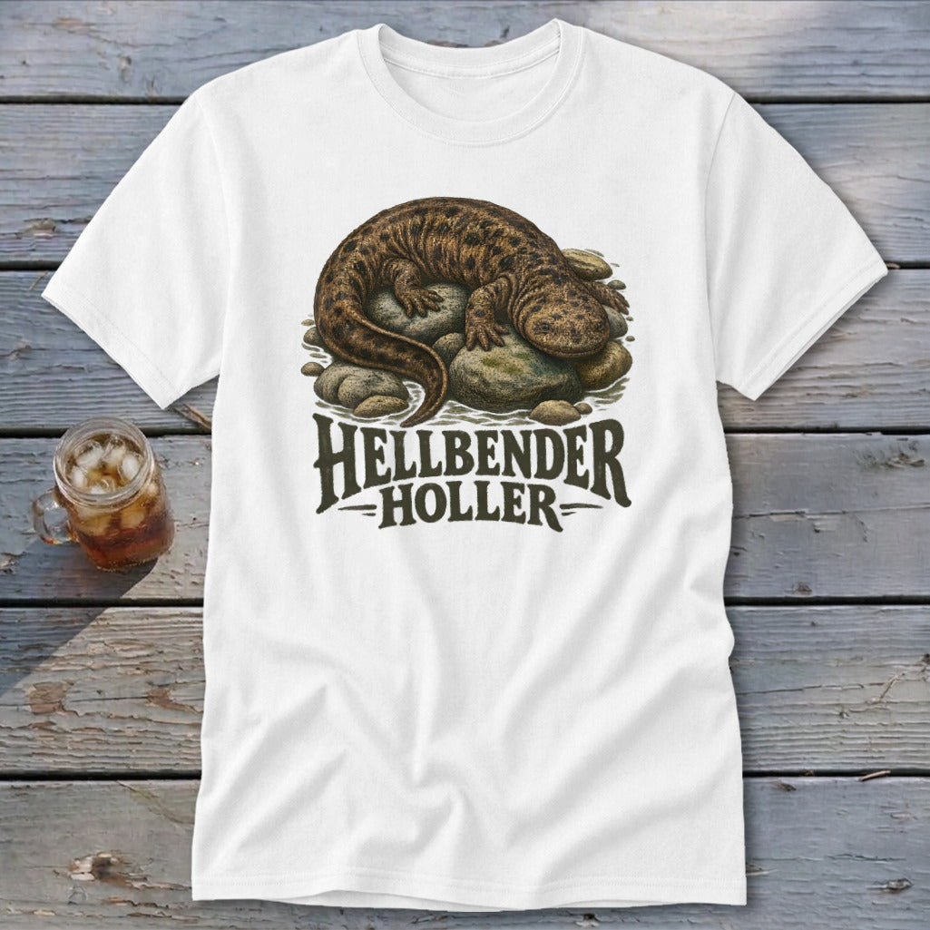 White t-shirt with a hellbender illustration and "Hellbender Holler" text.