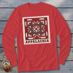 Red long-sleeved crewneck shirt featuring a square graphic with geometric red and brown quilt patterns and the word APPALACHIA below.
