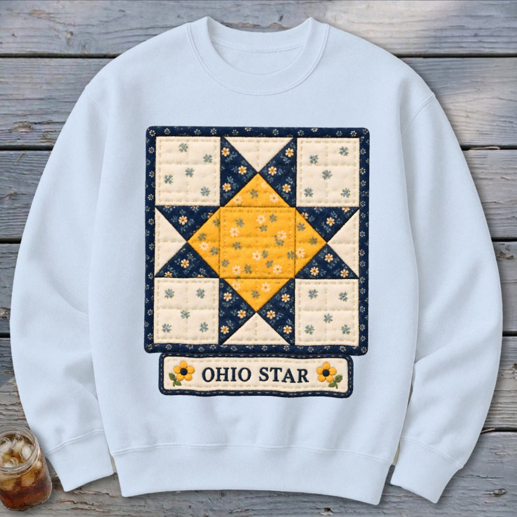 Light blue sweatshirt with an Ohio Star quilt block design and text.