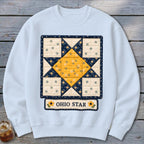 Light blue sweatshirt with an Ohio Star quilt block design and text.