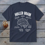 Navy t-shirt with "Holler Brain" and a brain diagram with humorous sayings.