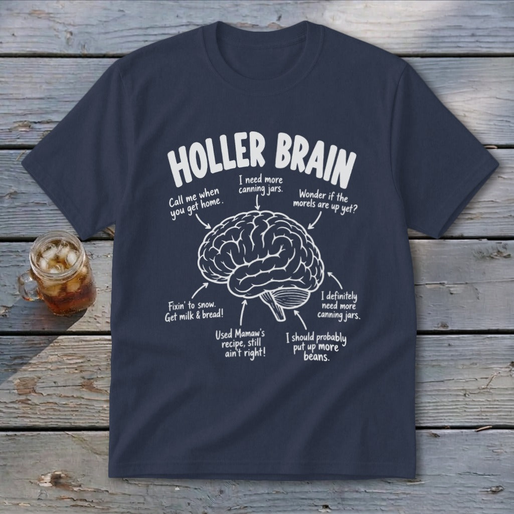 Navy t-shirt with "Holler Brain" and a brain diagram with humorous sayings.