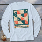 Light blue long-sleeve shirt with a quilt-style graphic labeled "Drunkard's Path".