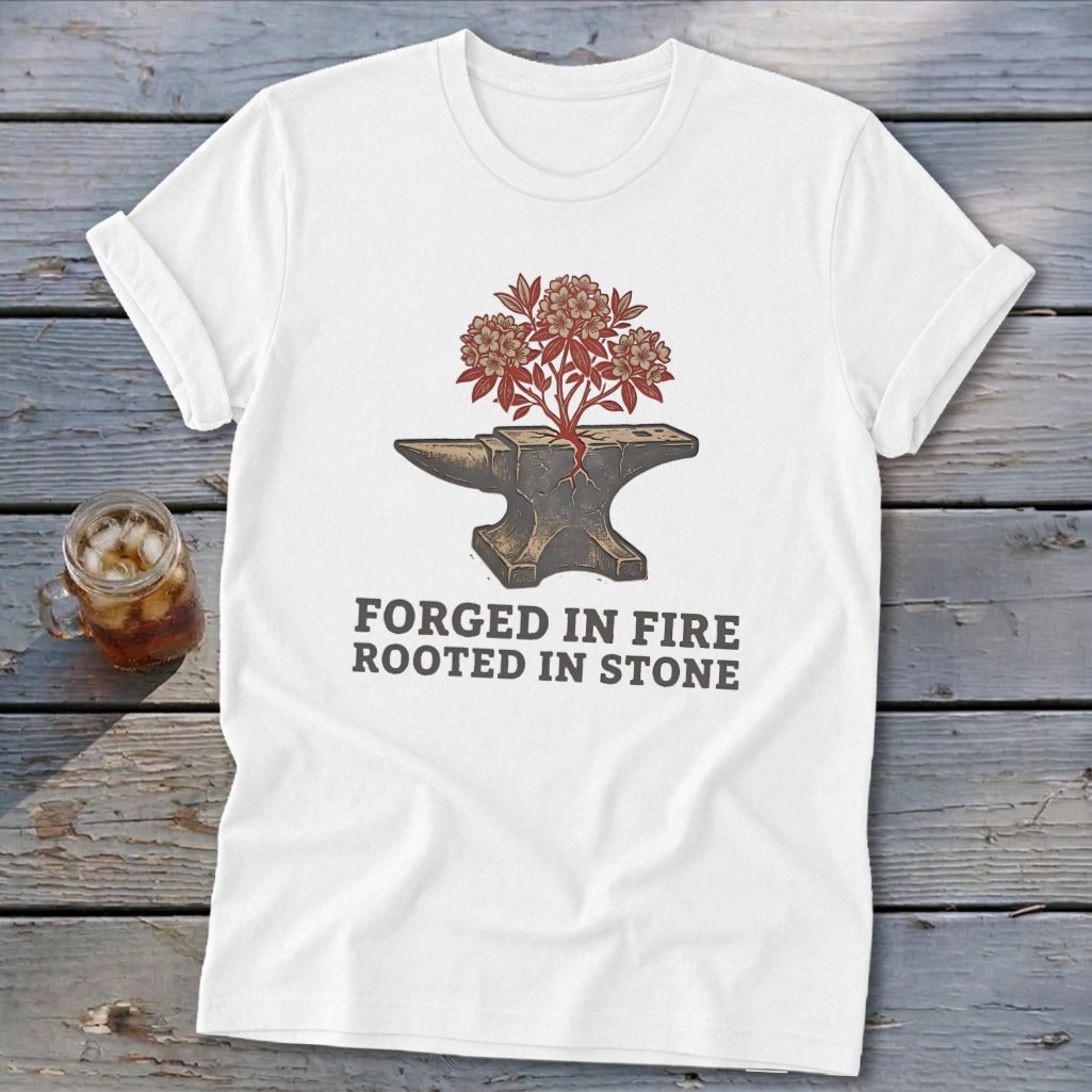 White t-shirt with anvil graphic and text "FORGED IN FIRE ROOTED IN STONE".