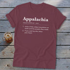 Maroon t-shirt with a humorous dictionary-style definition of Appalachia printed in white text on the front.