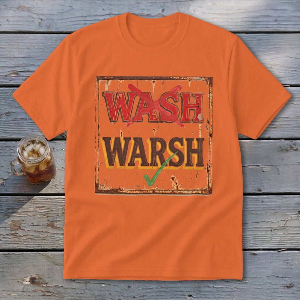 An orange crewneck t-shirt featuring a rusty sign graphic with red crossed-out text saying WASH and brown text saying WARSH with a green checkmark below it, laid flat on a rustic wooden background.