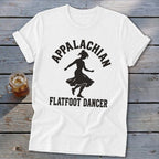 A white short-sleeved t-shirt featuring a black silhouette of a female dancer and text reading Appalachian Flatfoot Dancer.