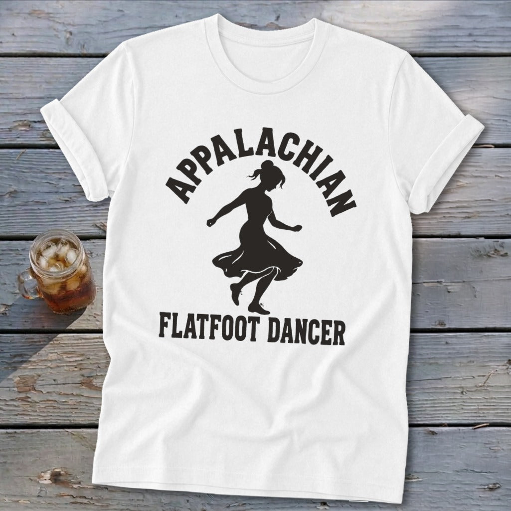 A white short-sleeved t-shirt featuring a black silhouette of a female dancer and text reading Appalachian Flatfoot Dancer.