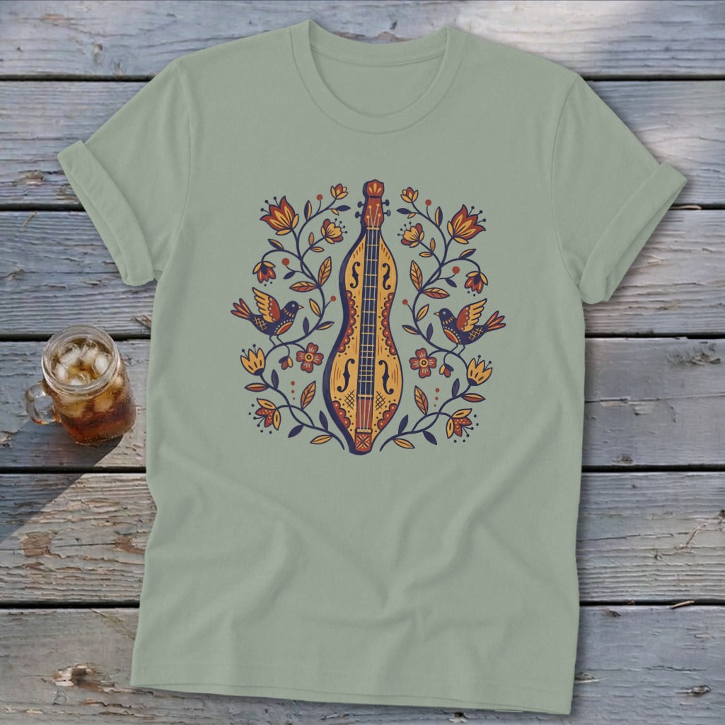 T-shirt with folk art style dulcimer, birds, and floral design.