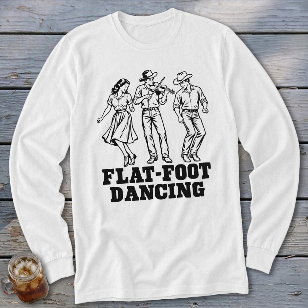 White long-sleeve shirt with "Flat-Foot Dancing" text and illustration of three people dancing.