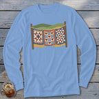 Light blue long-sleeve t-shirt with a chest graphic of three vintage quilts hanging on a clothesline.