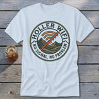 White t-shirt with "Holler Wifi" logo featuring mountains and a crossed-out wifi symbol.