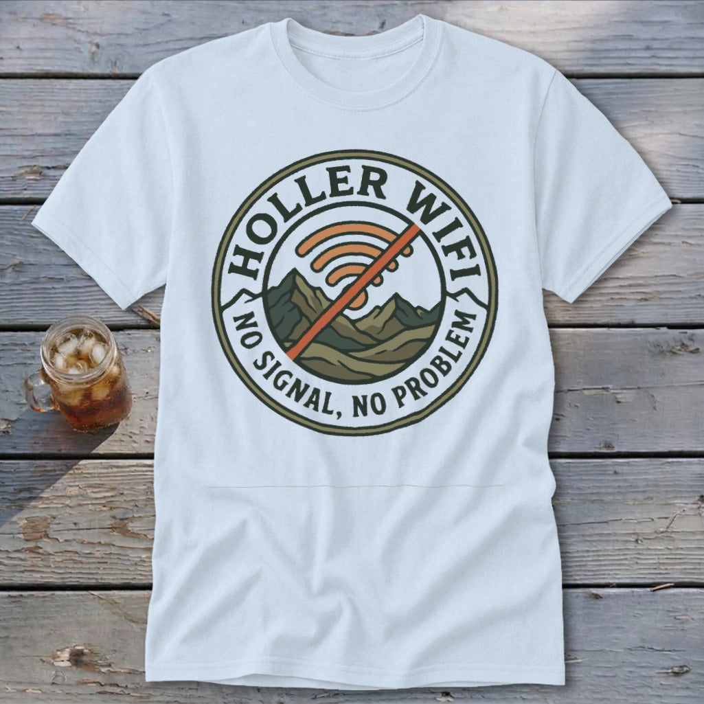 White t-shirt with "Holler Wifi" logo featuring mountains and a crossed-out wifi symbol.