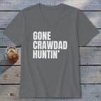 Gray v-neck t-shirt with white text reading "GONE CRAWDAD HUNTIN'".