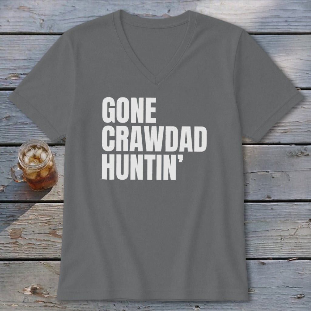 Gray v-neck t-shirt with white text reading "GONE CRAWDAD HUNTIN'".