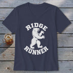 Navy v-neck t-shirt with white bear and "Ridge Runner" graphic.