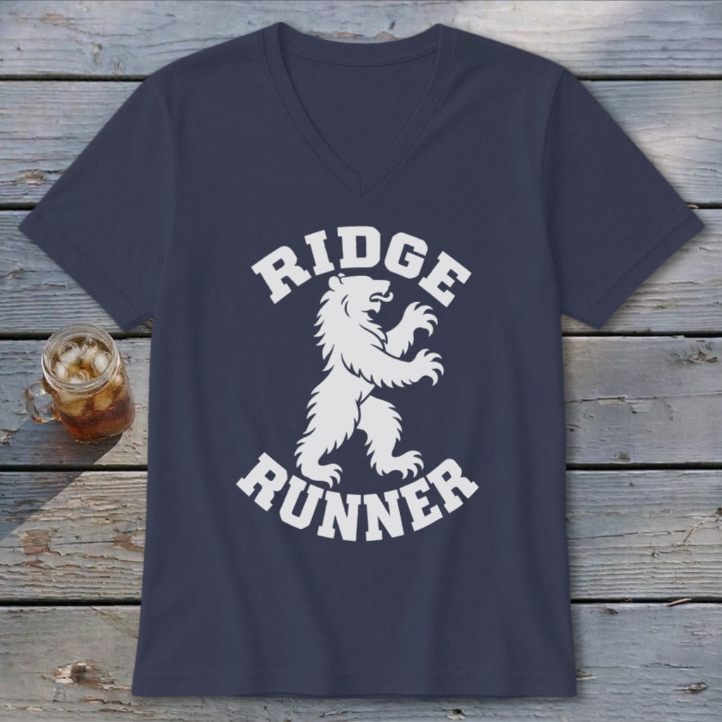 Navy v-neck t-shirt with white bear and "Ridge Runner" graphic.