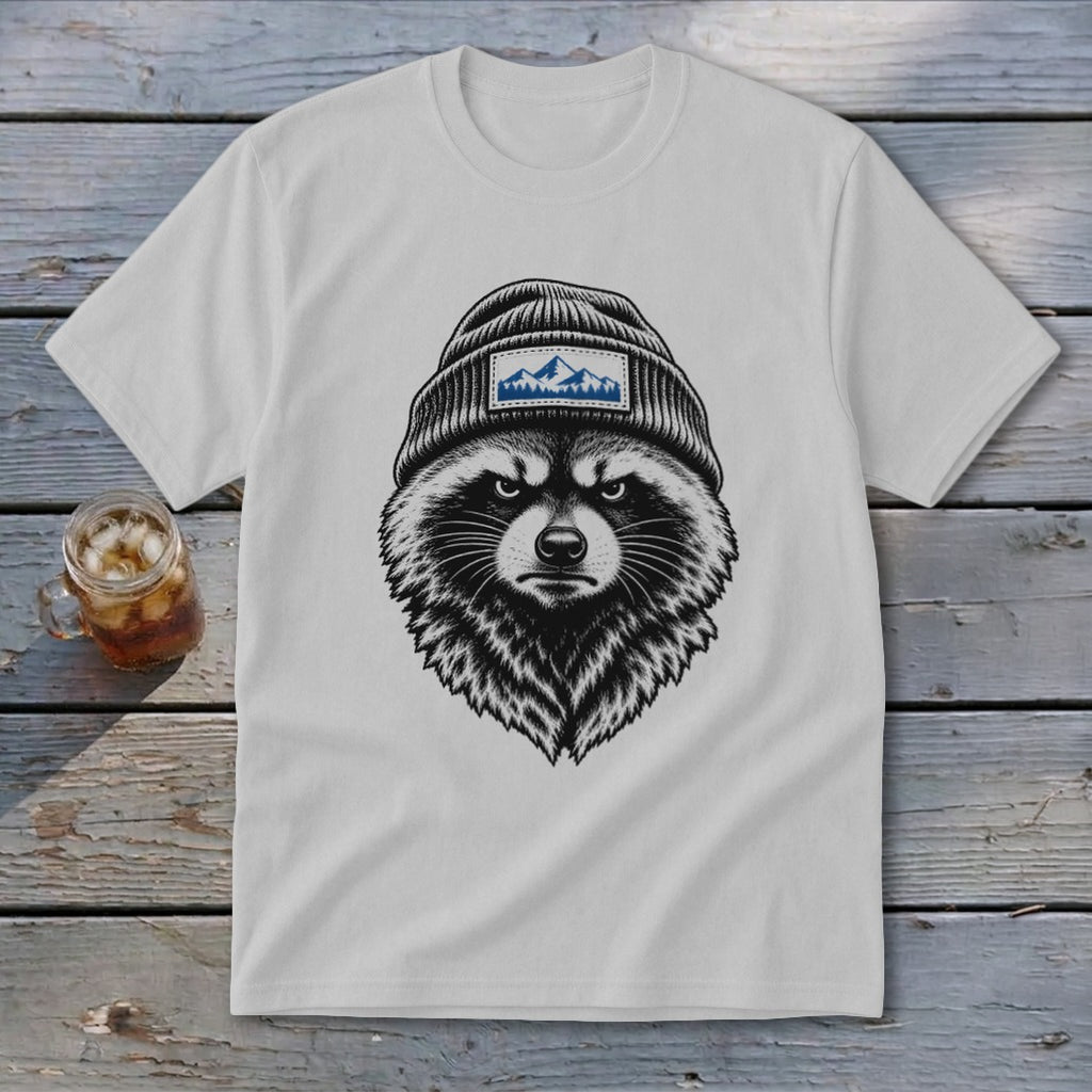 White t-shirt with raccoon wearing beanie with mountains patch