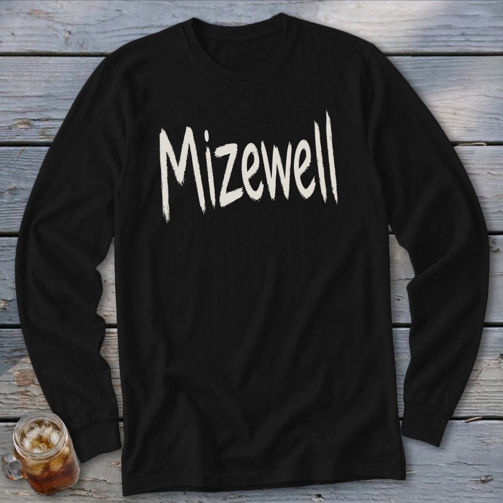 Black long-sleeve shirt with white "Mizewell" text.