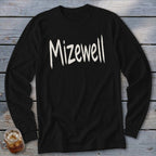 Black long-sleeve shirt with white "Mizewell" text.