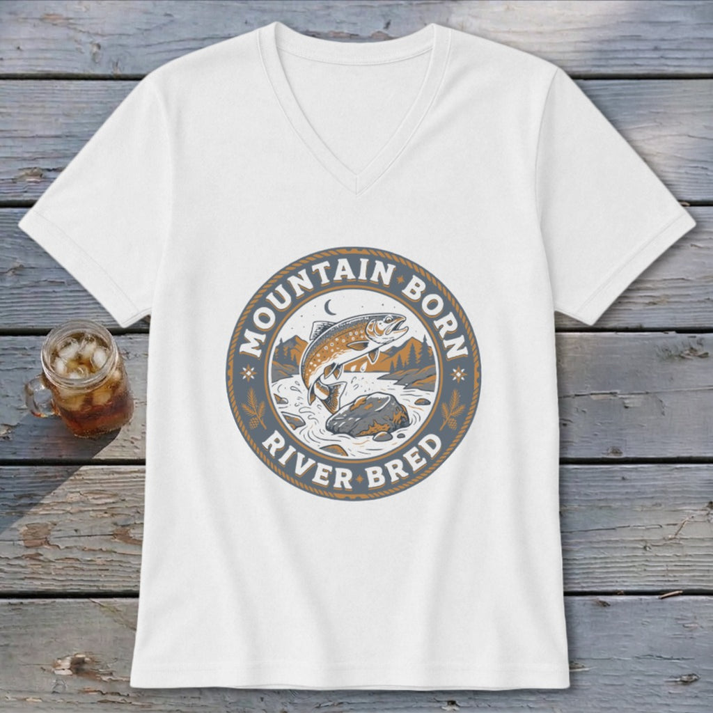 White v-neck t-shirt with circular graphic of a leaping trout and text "Mountain Born River Bred."
