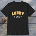 Black v-neck t-shirt with "LORDY MERCY" text in yellow and white.