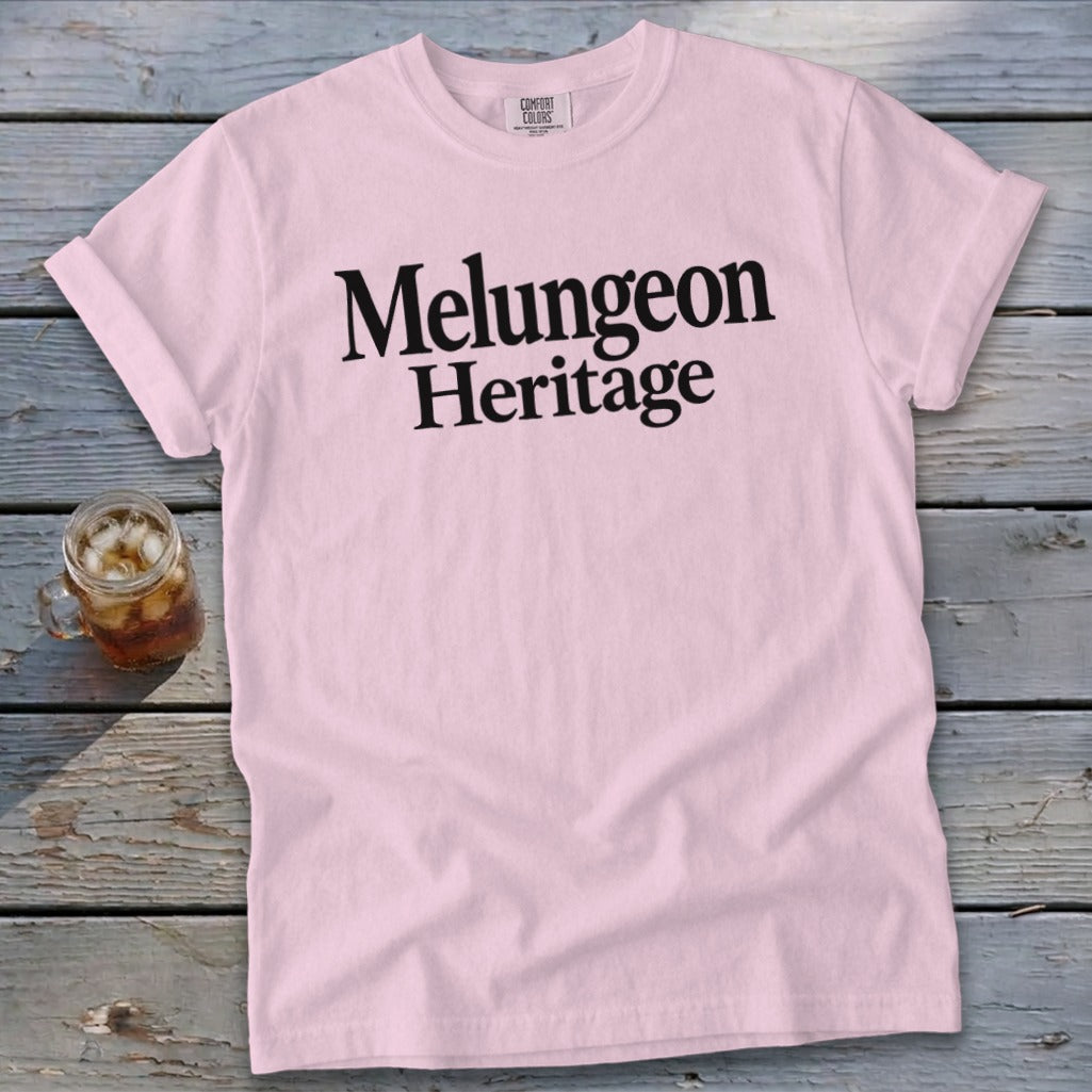 Light pink t-shirt featuring the black text Melungeon Heritage, laid flat on a rustic wooden surface.