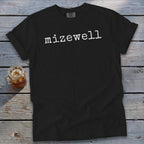Black t-shirt with white "mizewell" text and Comfort Colors tag.