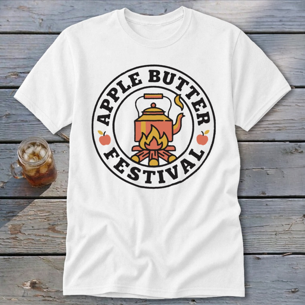 White t-shirt with "Apple Butter Festival" circular logo featuring a kettle over a campfire.