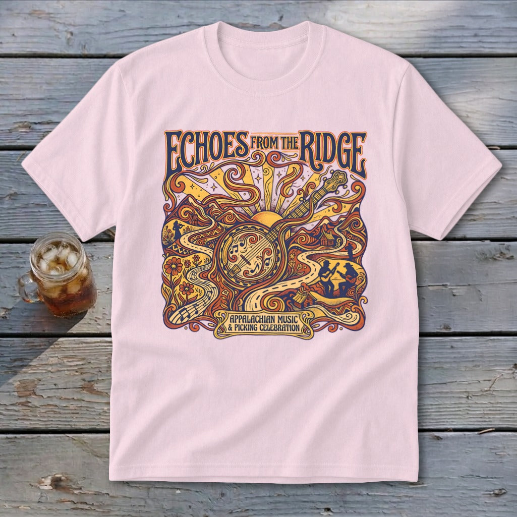 Pink t-shirt featuring "Echoes From The Ridge" Appalachian Music & Picking Celebration design.