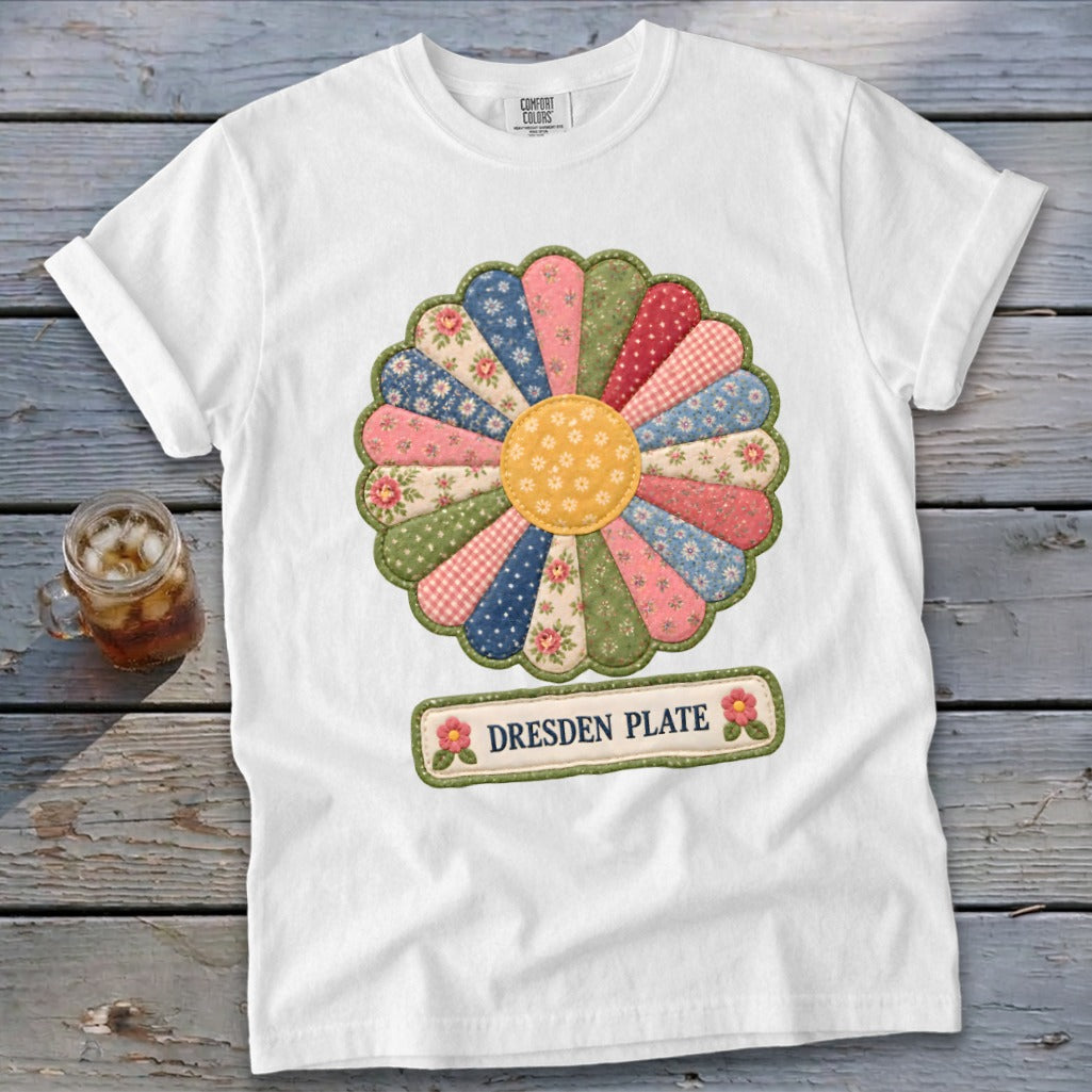 White t-shirt with a colorful quilted Dresden plate flower graphic and "DRESDEN PLATE" text.