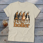 Cream t-shirt with four baying hounds above the word "holler".