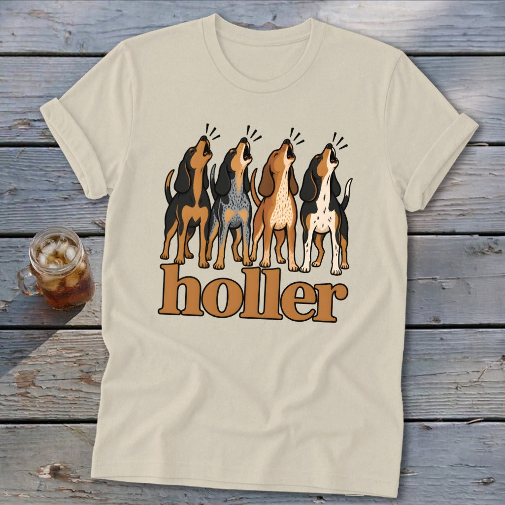 Cream t-shirt with four baying hounds above the word "holler".